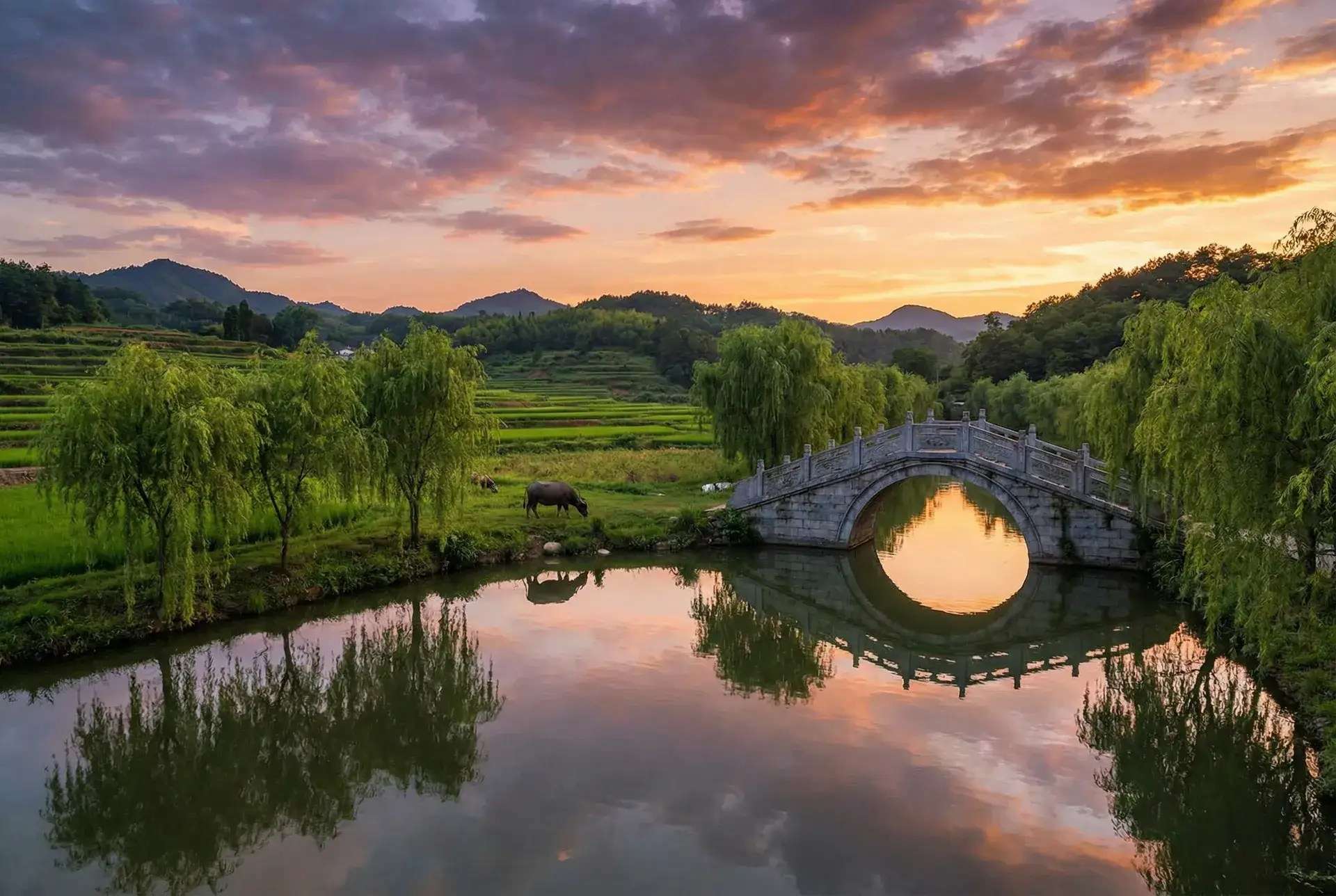 夕阳下的石拱桥与垂柳，水牛在河边吃草 - 年轻的母亲4在线观看免费的7 乡村美景